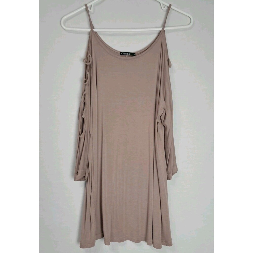 OUGES Women's Medium Three-Quarter Sleeves Hollowed Out Shoulder Top Beige
